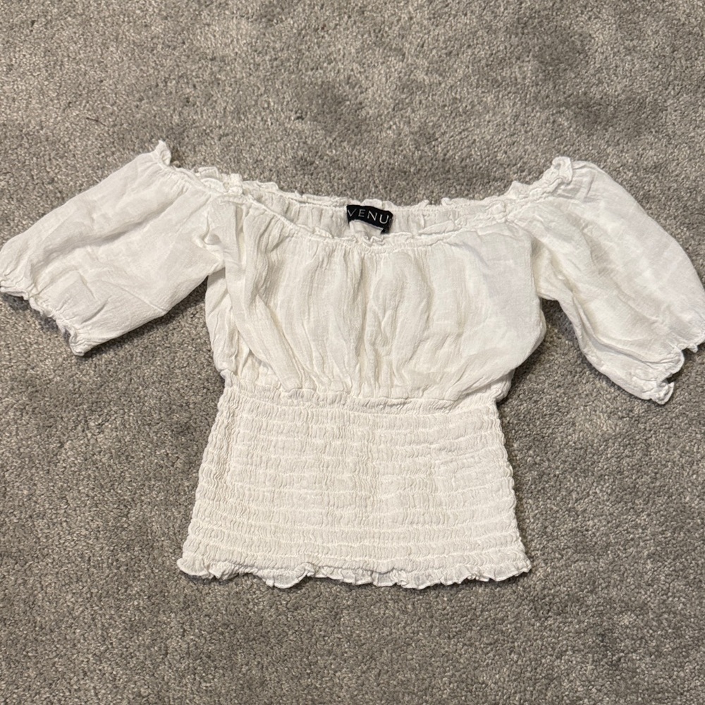 VENUS Cream Off-Shoulder Smocked Blouse crop